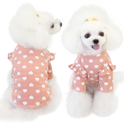 Yaopelky Dog Clothes for Small Dogs Heart Print Dog Tee Shirt Spring Summer Chihuahua Clothes Puppy Outfits Ruffle Long Sleeve Doggy Shirts Pet Valentine's Day Apparel (Pink