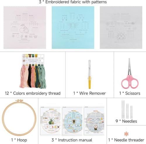 UXORSN 3 Sets Embroidery Kit for Beginners Adults Cross Stitch Starter Kits Learn 28 Different Basic Stitches Practice Kit Including Fabric with Stamped Pattern Threads Needles Hoop Video Tutorials - Image 3