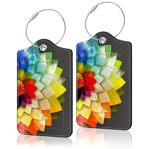 Image of 2Pcs Rainbow Flower Leather Luggage Tags, Travel ID Handbag Tag, Stainless Steel Loop, Privacy, Durable, Lightweight