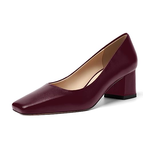 FOGEENA Womens Solid Party Square Toe Slip On Casual Matte Leather Chunky Low Heel Pumps Shoes 2.2 Inch