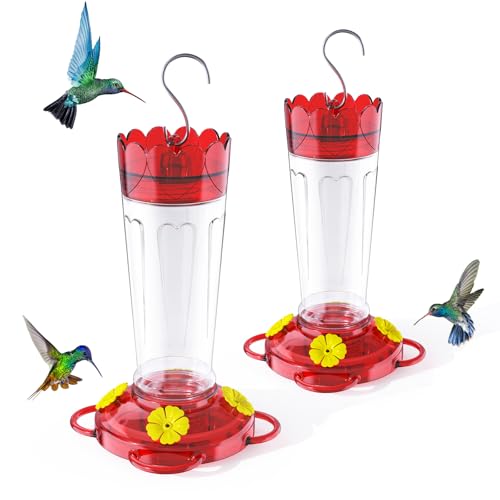 TOP XIAN Plastic Hummingbird Feeder, 2-Pack 14 OZ Ant & Bee Proof Hummingbird Feeders for Outdoors Hanging, Leak-Proof Nectar Feeders with 4 Feeding Ports and Perches, Gifts for Mom, Birdlovers