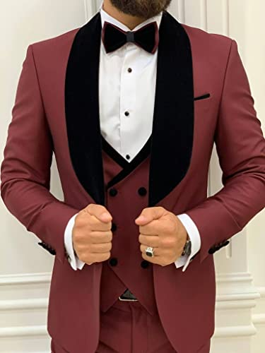 Black Men's Tuxedo Prom Tuxedos Slim Fit 3 Piece Suits With Bow Tie Velvet Shawl Lapel Blazer Jacket Vest Pants For Wedding Groomsmen Xl #TOP2