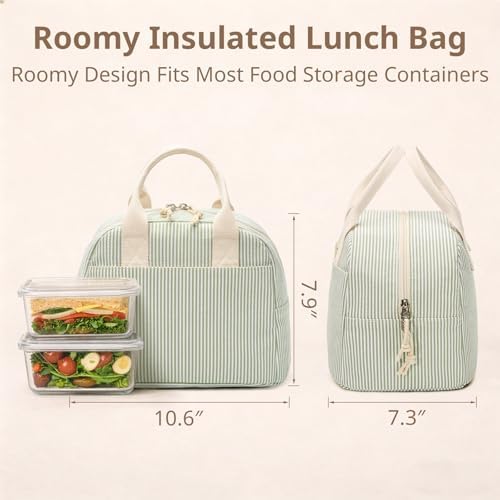LOVELYWIND Lunch Box for Women, Insulated Lunch Bag, Green Stripe Tote | Fresh Green Stripe Design, Stylish Lunch Tote Style for Women, Perfect for Office Work, Daily Meals & Everyday Carry Use - View 6