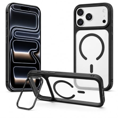 Image of MagPro ClearBack Case with Stand for Apple iPhone 17 Pro Max / 18 Pro Max Anti Yellow, Strong MagSafe Compatible Cover, Shockproof Armor, Scratch Resistant PC Hard Back Soft TPU Bumper Black