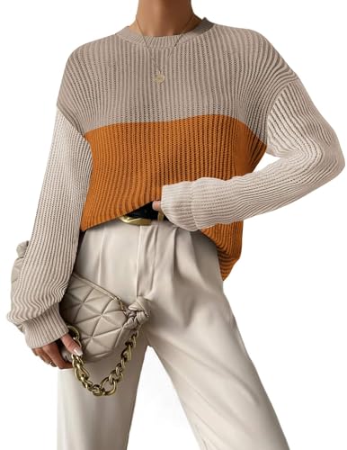 Image of Zeagoo Women 2026 Fall Lightweight Oversized Sweater Crew Neck Long Sleeve Color Block Pullover Rib Knit Blouse Tops XS-2XL