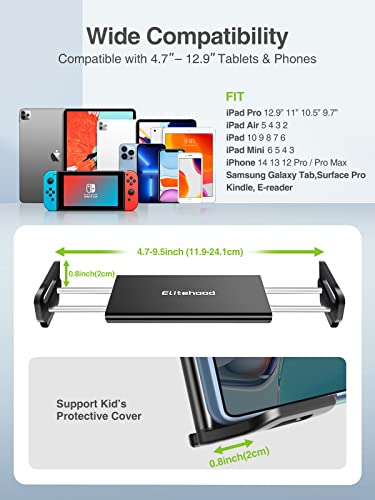 elitehood Car Headrest Tablet Holder, Heavy Duty Aluminum Extension Arm Adjustable iPad Holder Mount for Back Seat, Road Trip Essentials for Kids, Fit All 4.7-13\" Tablet, iPad Pro, Air, Mini, Galaxy