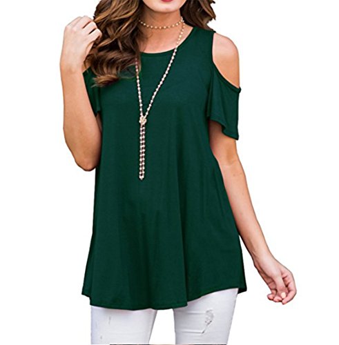 MUYAN Women's Short Sleeve Cold Shoulder Scoop Neck Casual Tops Tunic Blouse for Leggings Green L
