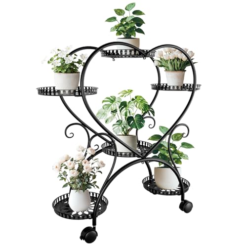 unho Metal Plant Stand 6-Potted Heart-shaped Flower Pot Holder with Wheels