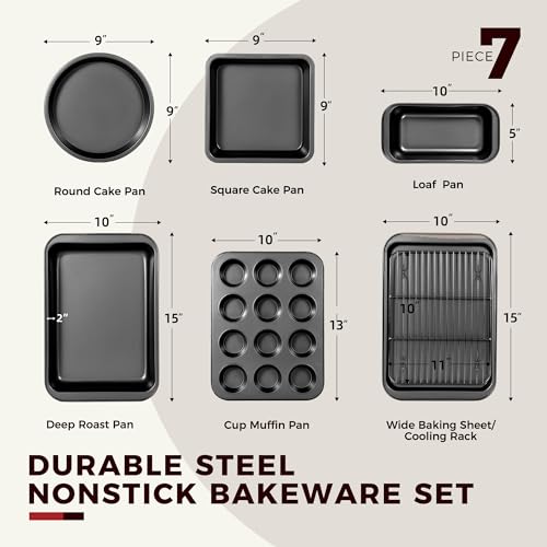 KITESSENSU Baking Pans Sets, Nonstick Bakeware Sets 7-Piece with Round/Square Cake Pan, Loaf Pan, Muffin Pan, Cookie Sheet, Roast Pan, Cooling Rack, Carbon Steel Bake Set - Image 7