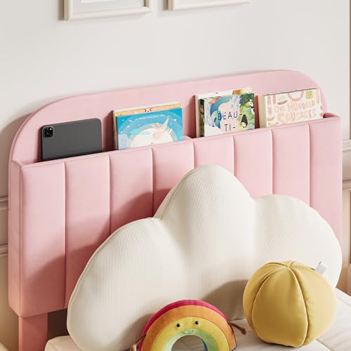 GarveeHome Twin Bed Frame with Drawer, Girls Bed, Velvet Upholstered Platform BedFrame with Storage Headboard for Kids, No Box Spring Needed, Easy Assembly, Noise-Free, Light Pink