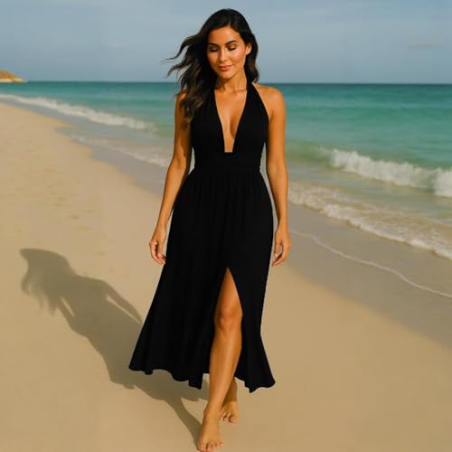 Image of Womens Backless Dress Sexy Halter Deep V Neck Maxi Dresses Sleeveless Long Cocktail Dress with Slit
