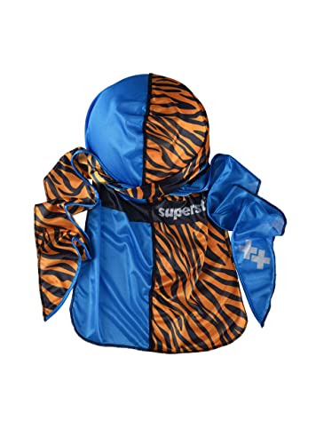 Superstitch Supersilky Ultra Silky Durag x Wavebuilder | 30+ Styles Premium Designer Durags for Men | 360 Waves |Blue and Tiger Print (Tie of the Tiger)2