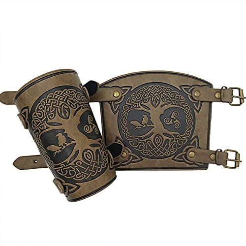 Brazaletes de cuero sintético en relieve para brazos, hechos a mano con grano completo de cuero brazaletes, accesorios de LARP Viking Brazaletes, brazaletes medievales de tiro con arco (Caqui)