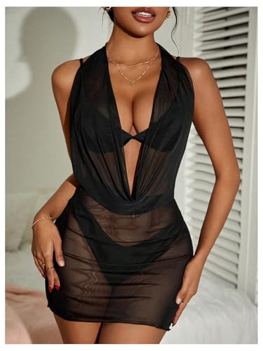OYOANGLE Women's Sheer Mesh Halter Swimsuit Cover Up Dress Draped Front Backless Ruched Bathing Suit Coverups3