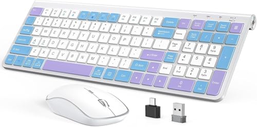 JOYACCESS Wireless Keyboard Mouse Combo Retro Ergonomic Mechanical with Duskproof Flim Number Pad 2.4G Wireless for PC Laptop Desktop - Purple Blue