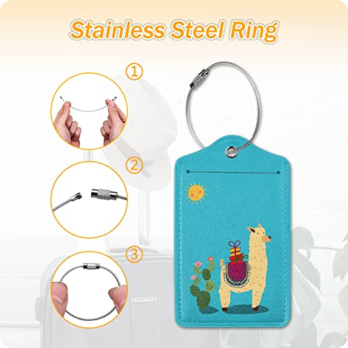 Image of Set of 2 Luggage Tags for Suitcases Leather Cute Luggage Tag with Stainless Steel Loop Privacy Cover ID Label Travel Bag Tags Alpaca Luggage Identifiers for Women Men Travel