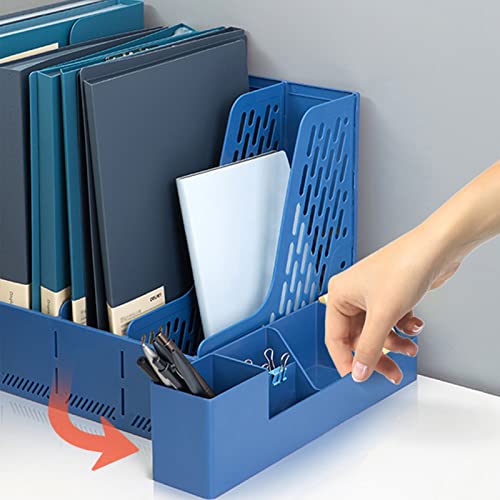 Image of wolpin File Organiser 3 Section Foldable Files Rack & 4 Compartments Stationey Holder Desk Organizer Paper Document Sorter Tray /Organizer Stand, ABS Plastic (25.5 x 32 x 27.5 cm), Blue
