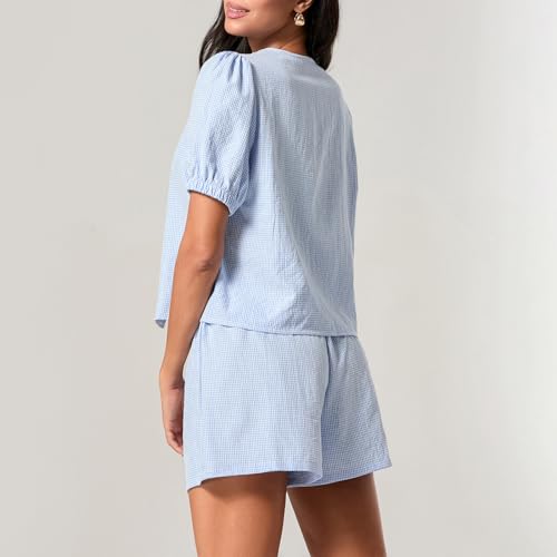 Image of Thopavenoir Women 2 Piece Casual Lounge Sets Y2k Puff Sleeve Peplum Shirt Tie Front Tee Shirt Shorts 2pcs Pajamas Sets