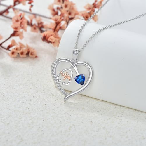 Heart Stethoscope Pendant Necklace for Women 925 Sterling Silver Gemstone Birthstone Doctor Nurse Day Medical Jewelry RN Registered Graduation Retirement Gifts2