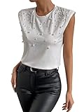 GORGLITTER Women's Pearl Beaded Top Summer Outfits 2025 Sleeveless Shoulder Pad Tee T-shirt White Large