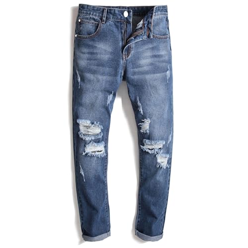Mens Ripped Jeans Distressed Destroyed Slim Fit Straight Leg Denim Pants