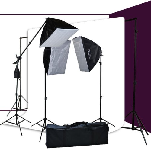 Image of ePhotoInc Muslin Support Stand Kit Boom Hair Light Stand with 3 Softbox Photography Video 3200K Warm Temp Lighting Kit & 10x12 White Muslin H9004SB-1012W 3200K