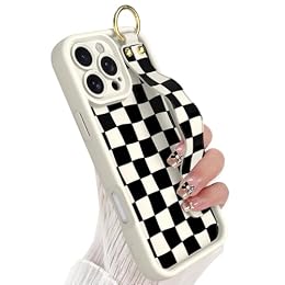 Jefonha Cute for iPhone 16 Pro Max Case with Strap, White Black Checkered
