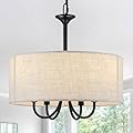 Farmhouse Chandelier 4-Light, 16" Black Drum Chandeliers for Dining Room Light Fixture with Off-White Fabric Shade, Modern Linen Drum Pendant Hanging Lighting Fixtures for Kitchen Living Room Bedroom