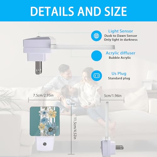 Image of Vintage Flowers Night Light,Blue White Stripes Night Lights Plug into Wall Dusk to Dawn Sensor Led Lamp for Women Men,Led Lights for Stairway /Hallway /Bedroom,0.5W
