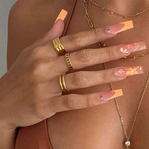 Yosomk French Tip Long Press On Nails Flower Orange False Fake Nails Acrylic Nails Press On Artificial Nails For Women Stick On Nails With Glue On Static Nails #TOP3