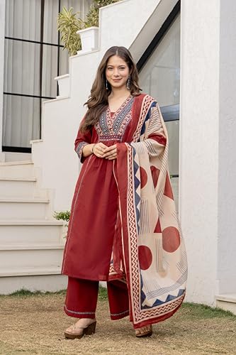 Image of MEERA FAB Women Floral Printed Pure Cotton Straignt V-Neck Kurta with Trousers & Dupatta