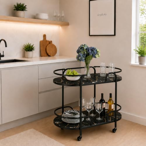 Image of Modern 2-Tier Bar Cart with Marble Tops & Metal Frame - Rolling Serving Coffee Table with Wheels, Storage Shelf for Living Room, Kitchen & Dining Room (Full Black)