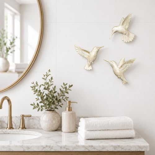 Image of GUSFREUD 3D Hummingbird Wall Decor Set - Gold Resin Bird Wall Decor for Living Room, Bedroom and Gallery Walls - Ivory Gold - Set of 3