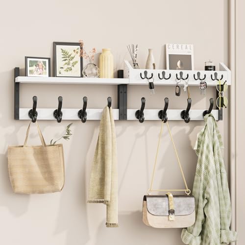 Image of Evermagin 35 inch Coat Rack Wall Mount with Shelf, 4 in 1 Coat and Key Hanger with 13 Metal Hooks, Entryway Wall Mounted Shelf with Mail Holder for Living Room, Bedroom, White