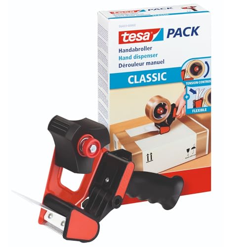 tesa Dérouleur Manuel Classic – Dévidoir Universel pour le Déroulage de Rubans Adhésifs – Support en Métal Robuste – Pour Rubans d'une Largeur Jusqu'à 50 mm – Rouge et Noir