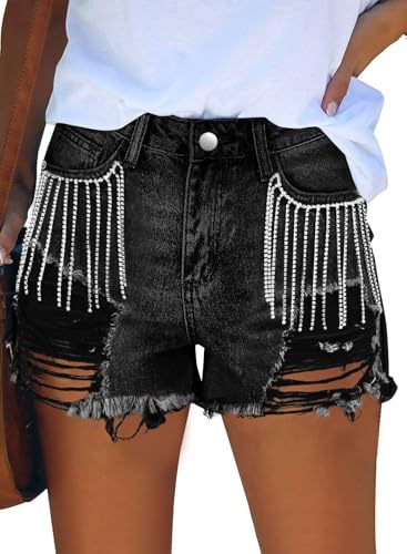 JMITHA Black Rhinestone Shorts Mid Rise Ripped Frayed Hem Cute Jeans Shorts (10, Black)