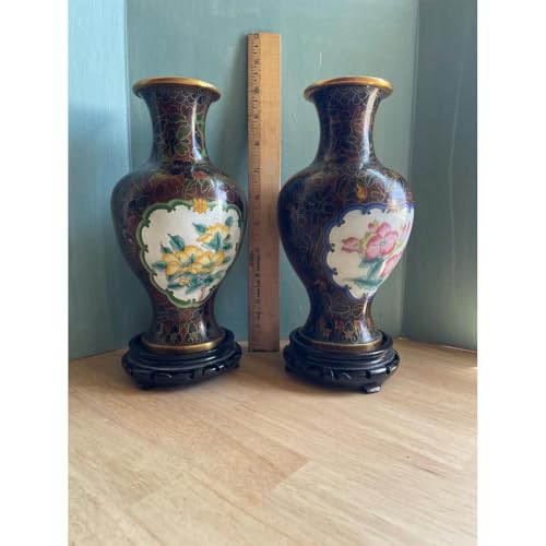 8" A Pair of Chinese Cloisonne' Vases with Wood Bases,