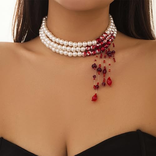 Gothic Bloody Pearl Necklace for Women Punk Blood Tassel Necklace Vampire Choker Necklaces Halloween Costume Jewelry3