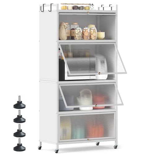 TANGZON 5-Tier Kitchen Pantry Cabinet, Metal Frame Rolling Utility Storage Shelf Organiser with Visible Flip-up Doors & Wheels, Living Dining Room Storage Cabinet Rack (80x40x162cm,with Hooks,White)