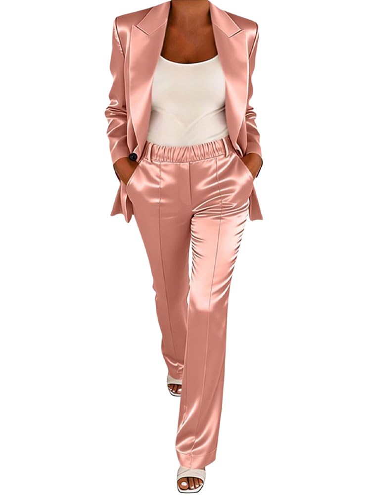shownicer Tailleur Femme Ensemble 2 Pièces Pantalon Chic et Elegant en Satin Costume Grande Taille Tenue