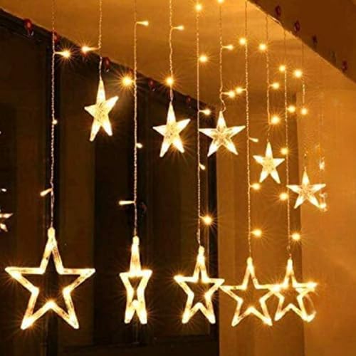 Image of Lexton Decorative Star Curtain LED Light | 5 Big Star & 5 Small Star, 3 Meter with 8 Flashing Modes,Plug Sourced | for Indoor & Outdoor Decorations, Christmas, Diwali (Pack of 1, Warm White)