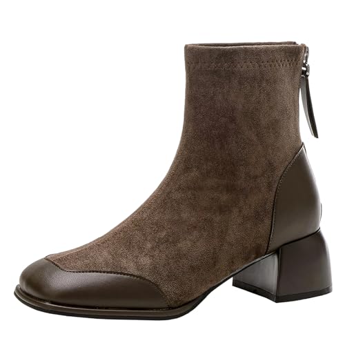 Women's Square Toe Block Heel Ankle Boots with Back Zipper Fashion Patchwork Soft Non-slip Dress Booties Comfortable Sock Boots