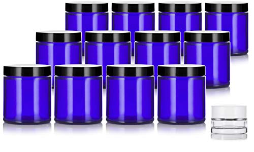 4 oz Cobalt Blue Glass Straight Sided Jar with Black Smooth Lids (12 Pack) + Small Glass Balm Jar - Airtight Smell Proof BPA Free Refillable Empty Storage Containers