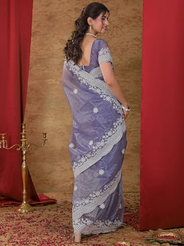 Image of Satrani Women's Net Embroidery Saree with Unstitched Blouse Piece
