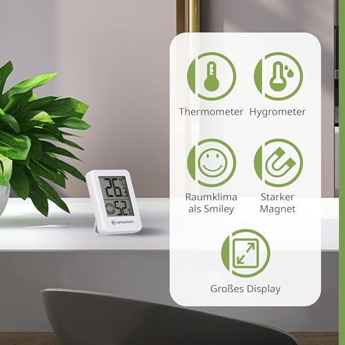 Bresser 3er Set Thermometer Hygrometer - Digitales Raumthermometer für Kontrolle Innenraum Luftfeuchtigkeit, Kühlschrankgeeignet, Wandmontage und Magnet, Schimmelvorbeugung - Indikator Smiley, Weiß