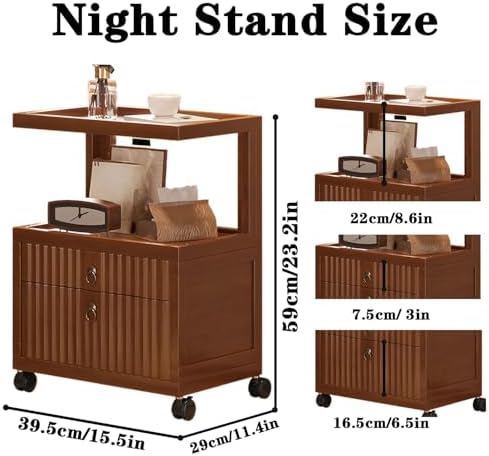 Small Night Stand for Small Spaces, Wooden Bedside Table with Drawers & 360° Rolling Shelf, Versatile End Table for Living Room, Bedroom, or Balcony Storage
