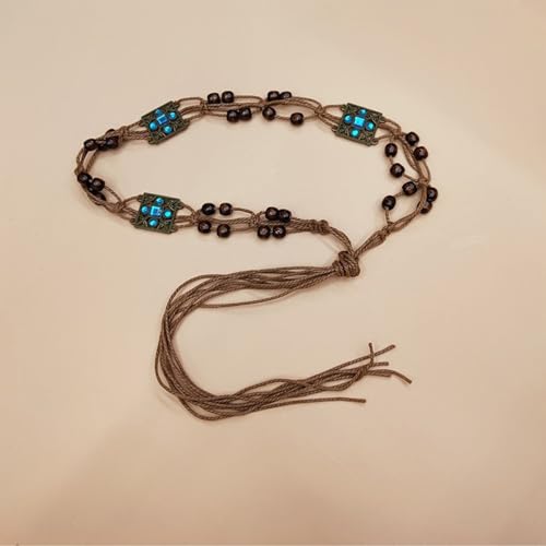 Boho Turquoise Belt for Women Rope Braided Waist Belts Dress Western Hand-Woven with Beaded Tassel2