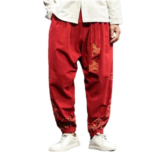 Men's Wied Leg Pants Cotton Linen Casual Trousers Male Embroidery Men Jogging Sweatpants Streetwear