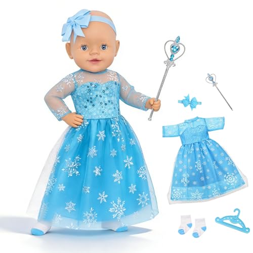 Atomvia Baby Doll Clothes 3543 cm Princess Dress Set Blue Snowflake Tulle Dress with Socks Heart Magic Wand Bow Headband & Hanger Outfit for 1418 Inch Dolls(Without Doll)