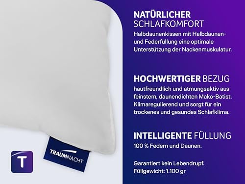 Traumnacht Komfort Daunenkissen mit hochwertiger Halbdaunenfüllung und daunendichtem Bezug aus 100% Baumwolle, Öko-Tex zertifiziert 80 x 80 cm, produziert nach deutschem Qualitätsstandard